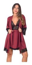 Kit Robe Roupão de Banho + Camisola Com Renda Lingerie Luxo Conforto