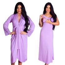 Kit Robe Roupão e Camisola Amamentação Recorte Romântico Longos Vestido de Dormir Confortável Prático