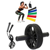 Kit roda abdominal + 5 Elástico + Corda para pular Treino Fitness Funcional
