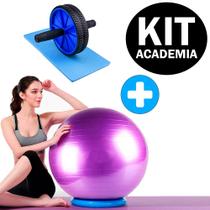 Kit Roda Abdominal Exercícios Lombar + Bola Suíça Pilates Yoga 55cm Treino em Casa