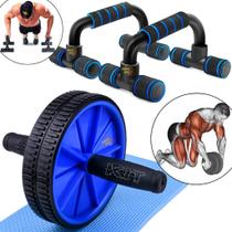 Kit Roda Abdominal + Par Barra de Flexão Paralela Treino Exercício Funcional