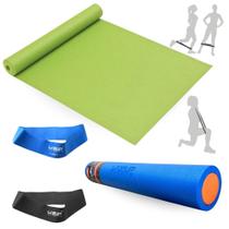 Kit Rolo 90cm para Exercicios + Colchonete Verde + 2 Mini Band Elastico Tensao Forte + Extra Forte Liveup Sports