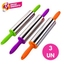 Kit Rolo Abrir Massa Inox Cabo Plástico Colorido Macarrão Pastel Pães Pizzaria Confeitaria