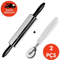 Kit Rolo Abrir Massa Inox Cabo Plástico e Carretilha Cortador Massa Corta e Fecha
