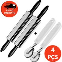 Kit Rolo Abrir Massa Inox Cabo Plástico e Carretilha Cortador Massa Corta e Fecha