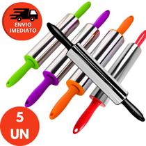 Kit Rolo Abrir Massa Macarrão Pães Inox Cabo Plástico Colorido Pizzaria Confeitaria Doce Pastel