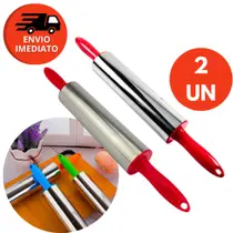Kit Rolo Abrir Massa Macarrão Pães Inox Cabo Plástico Colorido Pizzaria Confeitaria Doce Pastel