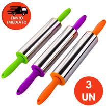 Kit Rolo Abrir Massa Macarrão Pães Inox Cabo Plástico Colorido Pizzaria Confeitaria Doce Pastel