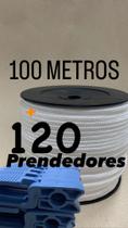 Kit Rolo Corda Náutica para Varal 100 metros 4 mm super branca + 120 prendedor de roupa