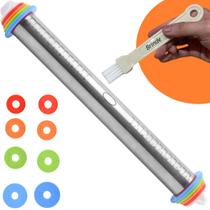 Kit Rolo De Massa Ajustável Inox com Anéis Nivelador e Pincel Culinário
