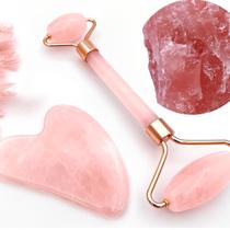 Kit Rolo de Massagem Facial Quartzo Pedra Natural + Gua sha