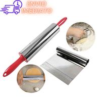 Kit Rolo e Espátula Raspador Cortador Confeiteiro Massa em Inox Kit Rolo e Espátula Raspador Cortador Confeiteiro Massa em Inox