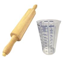 Kit Rolo Para Massa Pizza Pão Madeira 23cm e Copo Medidor Kit Rolo Para Massa Pizza Pão Madeira 23cm e Copo Medidor