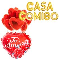 Kit Romântico Balões Metalizados Casa Comigo + 9 Balões Decorativos Coração