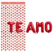 Kit Romântico Balões Metalizados Frase Te Amo + Cortina de Corações