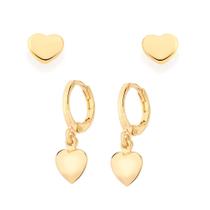 Kit Rommanel Banhado Ouro 18k 2 Brincos Argola E Coração 527146-522928