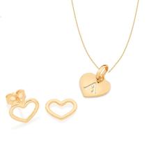 Kit Rommanel Brinco Coração Colar 42cm Letra A Pra Presente