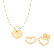 Kit Rommanel Brinco Coração Colar 42cm Letra C Pra Presente