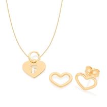 Kit Rommanel Brinco Coração Colar 42cm Letra F Pra Presente
