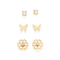 Kit Rommanel Trio De Brincos Banhados Ouro 18k Feminino Lindo Para Primeiro Segundo Terceiro Furo