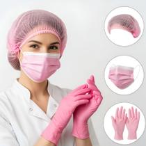 Kit rosa 100 luva nitrilica 50 máscara 100 touca -