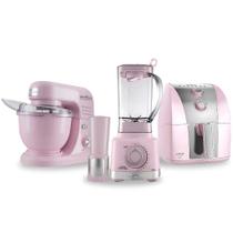 Kit Rosa Air Fry 1500w Pinkstone + Batedeira Planetaria + Liquidificador 1400W Turbo Britania