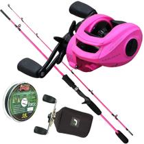 Kit Rosa P/ Pescadoras Carretilha 10R Vara 1,83m Capa Linha