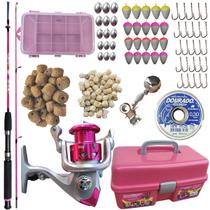 Kit Rosa Pesca Feminino Maleta Molinete Vara Estojo organi