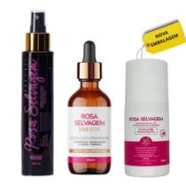 Kit Rosa Selvagem Clareador Íntimo Mancha Óleo Corporal Virilha + Sérum Facial + Desodorante Rollon Axila