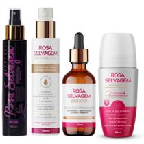 Kit Rosa Selvagem: Óleo Corporal Clareador + Ácido Salicílico Ativado + Sérum Lifting Facial + Desodorante Antitranspirante Axila