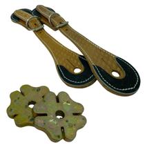 Kit roseta trevo 4 folhas em metal + correia em couro legítimo bovino espora profissional, troca das velhas cavaleiro/as