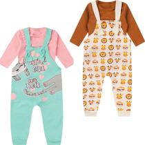 kit Roupa Bebê 2 peças Jardineira e Body Manga Longa Menino Menina Material Suedine 100% Algodão tamanhos P M G 1 2 3