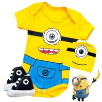 Kit Roupa Bebê Body Mesversario Minions C/ Tênis e Touca