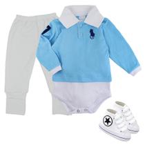 Kit Roupa de Bebê 3 Pçs Body Gola Polo Com Mijão e Sapatinho