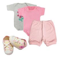 Kit Roupa de Bebê 4 Peças Body e Short e Sapatinho Look Baby