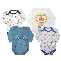 Kit Roupa De Bebê 4 Peças Body Estampado Manga Longa Suedine