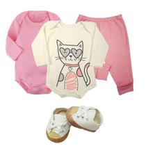 Kit Roupa de Bebê 4 Peças Body Longo Mijão e Sapatinho Promo