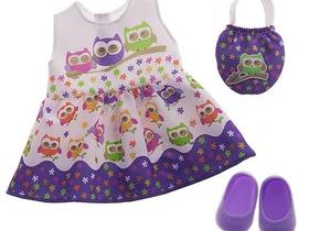 Kit Roupa de Boneca Love Baby Vestido Coruja Laço de Fita