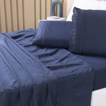 Kit Roupa De Cama Jogo de Lençol Casal Queen 03 Peças 400 Fios Micropercal Conjunto Leze Rendado Bordado Inglês - Marinho