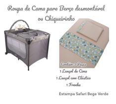 Kit Roupa de Cama para Berço Desmontável Portátil Chiqueirinho 3 Peças Coleção Selva Tecido Algodão - Denguinhos Baby