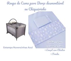 Kit Roupa de Cama para Berço Desmontável Portátil Chiqueirinho 3 Peças Tecido Algodão Coleção Nuvens