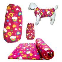 Kit Roupa E Manta Soft Para Cães - Rosa Colorido M