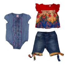 Kit roupa infantil 3 peças Body Jeans E Conjunto - Short E Blusa