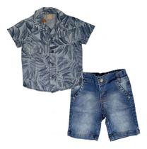 Kit roupa infantil Camisa Jeans Estampada e Bermuda Algodão Infantil - 2 Peças