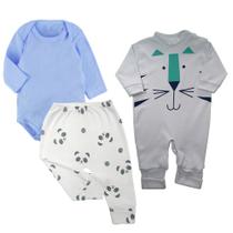 Kit Roupas de Bebê 3 Peças Body Mijão e Macacão 100% Algodão