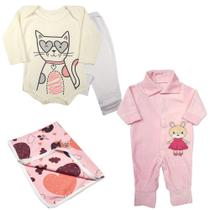 Kit Roupas de Bebê 4 Peças Body Mijão Macacão Plush e Cueiro Kit Roupas de Bebê 4 Peças Body Mijão Macacão Plush e Cueiro