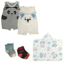 Kit Roupas de Bebê 5 Pçs Macacão Regata Toalha Capuz e Meias