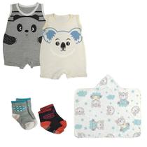 Kit Roupas de Bebê 5 Pçs Macacão Regata Toalha Capuz e Meias Kit Roupas de Bebê 5 Pçs Macacão Regata Toalha Capuz e Meias