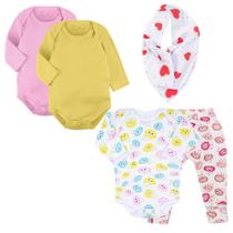 Kit Roupinha de Bebê 5 Pçs Body Longo Mijão Bandana Presente