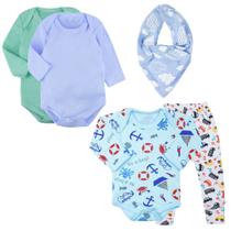 Kit Roupinha de Bebê 5 Pçs Body Longo Mijão Bandana Presente